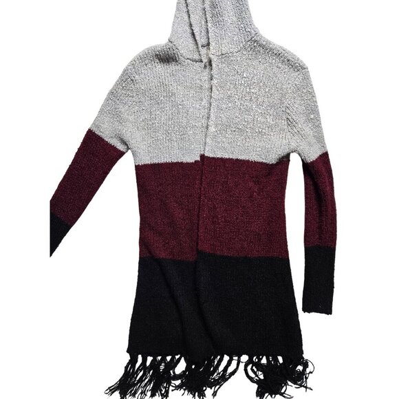 Aiami Colorblock Hooded Knit Open Cardigan w/ Fringe Hem Grey, Burgundy, Black S - Picture 1 of 8